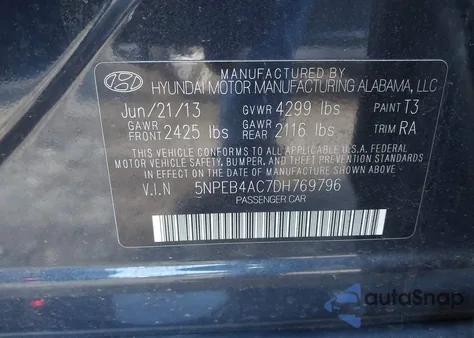 2013 Hyundai Sonata Gls from USA, damaged, VIN 5NPEB4AC7DH769796